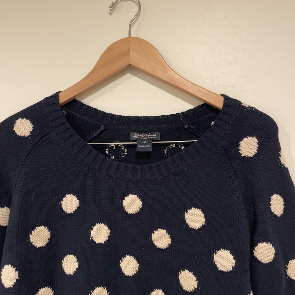 Women's Medium Navy Polka Dot Sweater 3/4 chunky Knit Twee Preppy academia - Picture 4 of 11